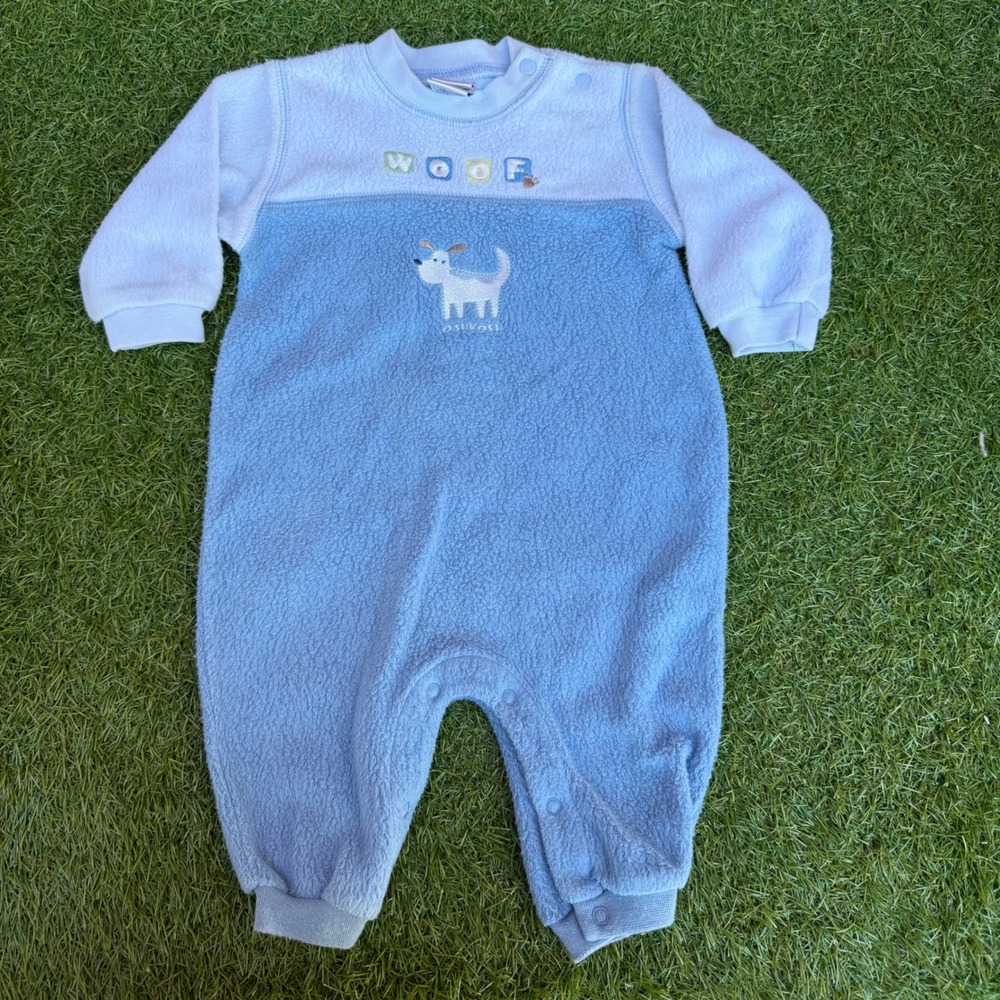 Vtg OshKosh Baby Boy Blue Fleece Dog Woof Sleepsuit Romper 3-6 Months 12-16 lbs